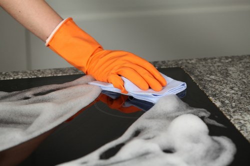 Cleaning team assessing carpet cleaning safety measures before work begins