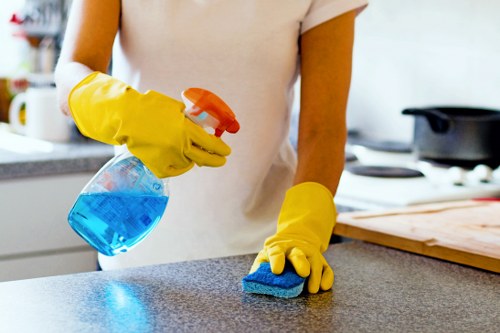 Team member reviewing workplace safety precautions before a cleaning task
