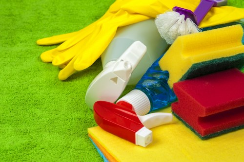 Safe and organised Soho carpet cleaning setup with caution signage and equipment